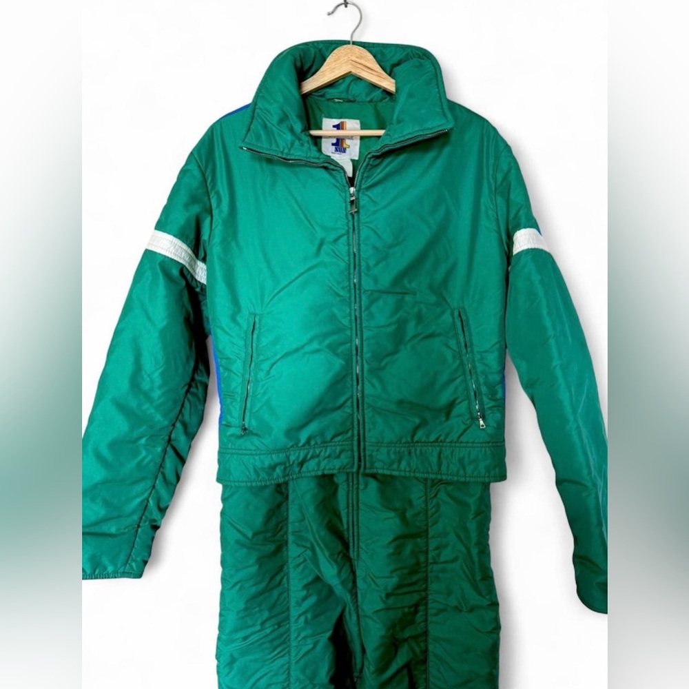 Vintage 1980s Number 1 Sun Green and Blue Thick Insulated Ski Suit.
